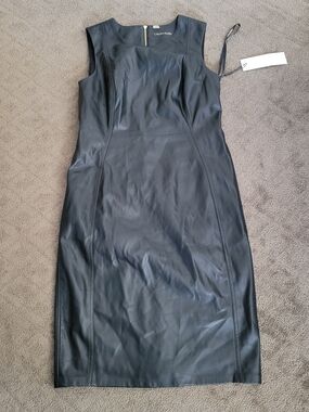 Calvin Klein Black Faux Leather Midi Sheath Dress